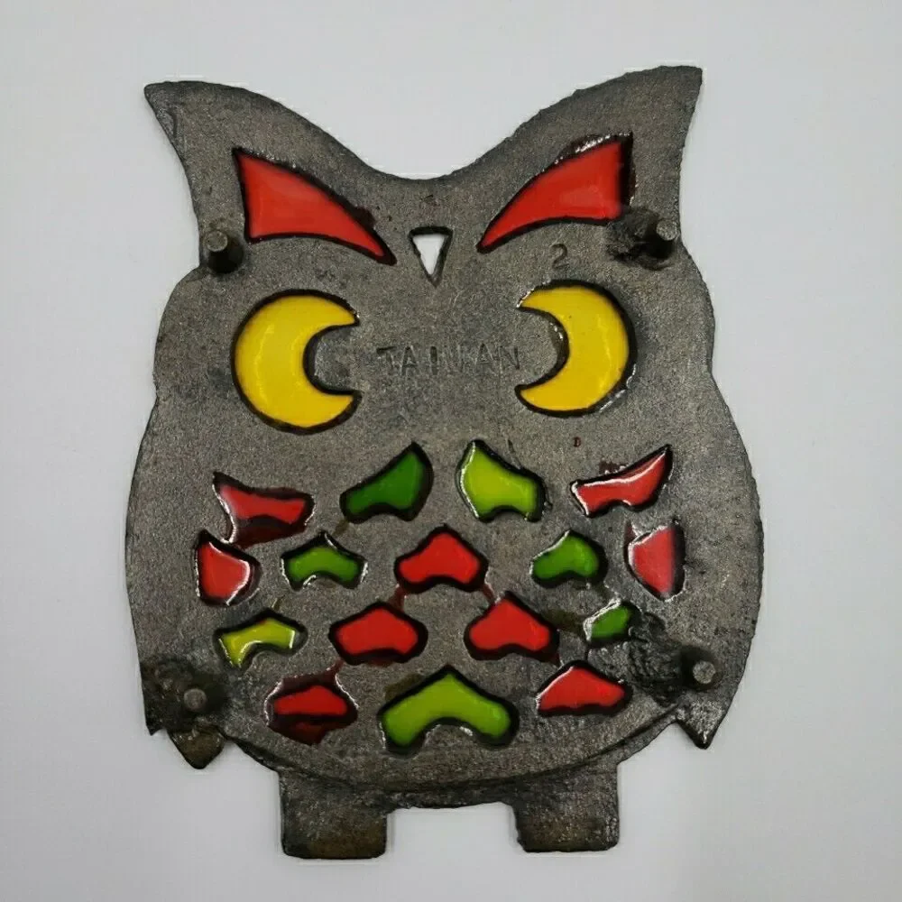 Vtg OWL Trivet Cast Metal Stained Glass Hot Plate Kitchen Kitsch Pot Rest Taiwan